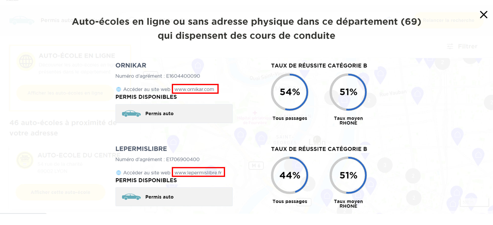 Carte des auto-écoles - lien auto-écoles en ligne