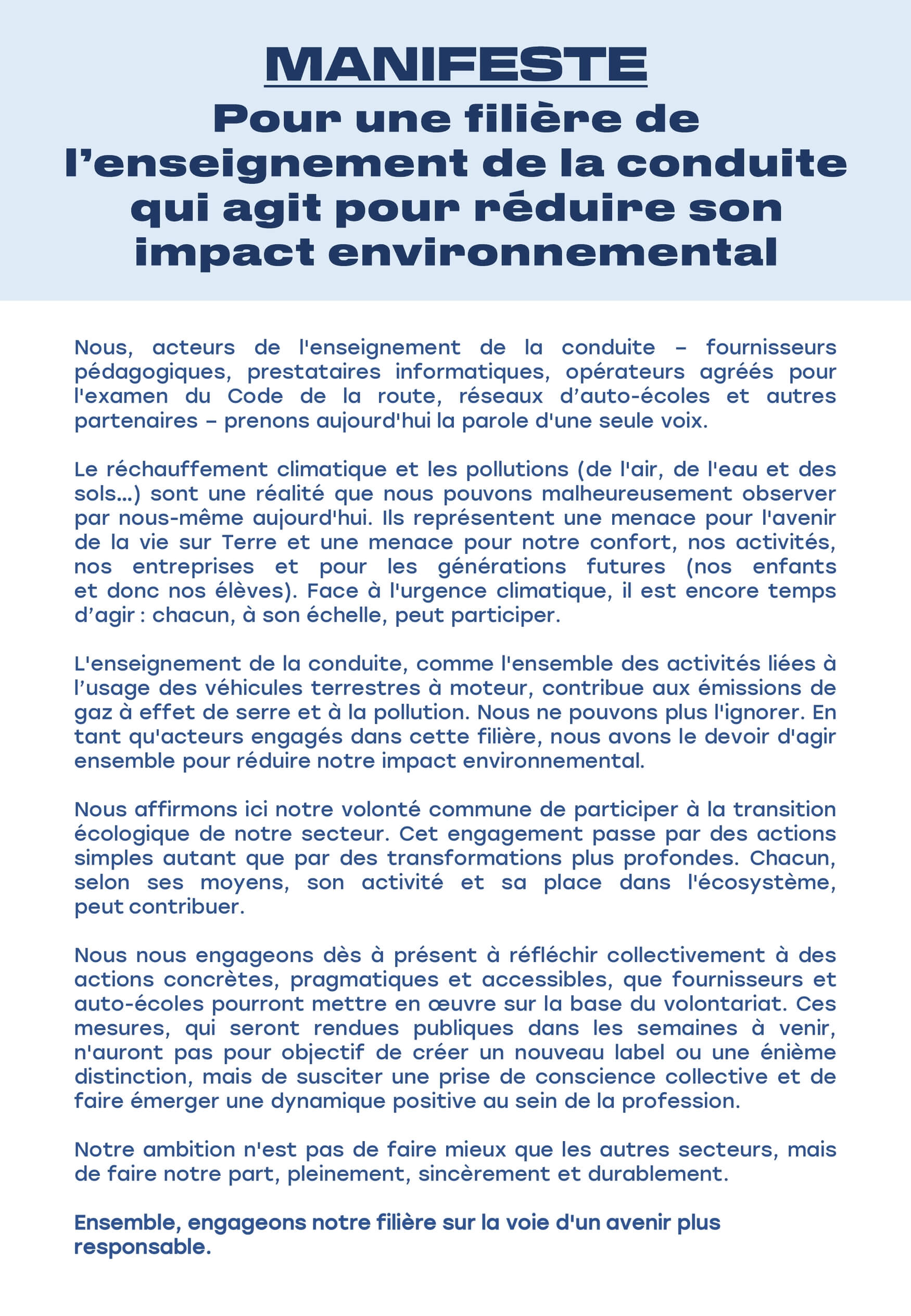 Manifeste pour une filière de l'enseignement de la conduite plus respectueuse de l'environnement