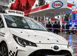 Attentat de Trappes : une auto-école prise pour cible Voiture d’auto-école criblée de balles à la station Esso
