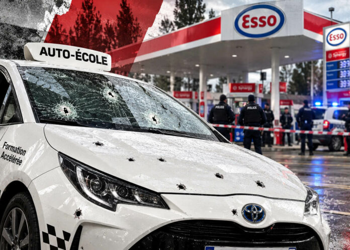 Voiture d’auto-école criblée de balles à la station Esso Voiture d’auto-école criblée de balles à la station Esso